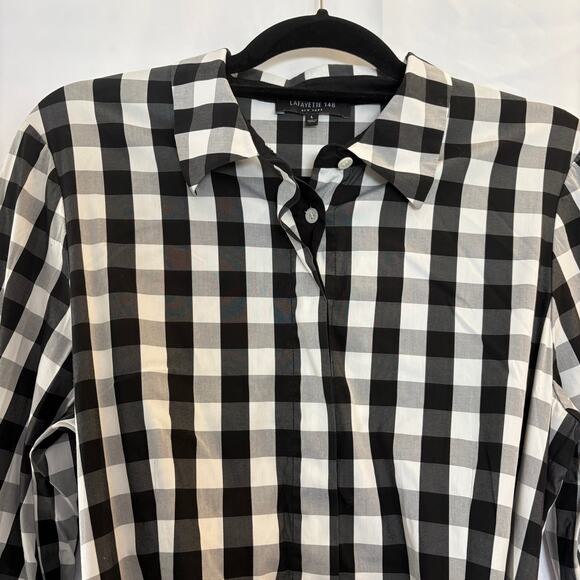 Lafayette 148 Gingham Midi Shirt Dress Large 3/4 Sleeve Black White Button Front - Picture 3 of 9